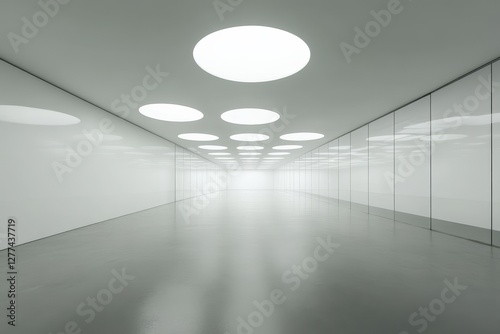 Modern white hallway with bright ceiling lights and reflective floor.