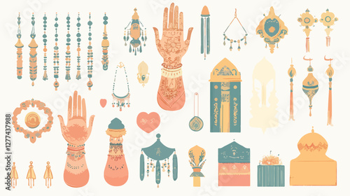 Icon Set of Henna, Prayer Beads, and Eid Gift Boxes, Eid ul Fitr