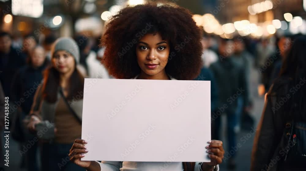 African american woman with afro hair holding blank sign at night protest. Mockup for Black History Month, Martin Luther King Day, Juneteenth celebration