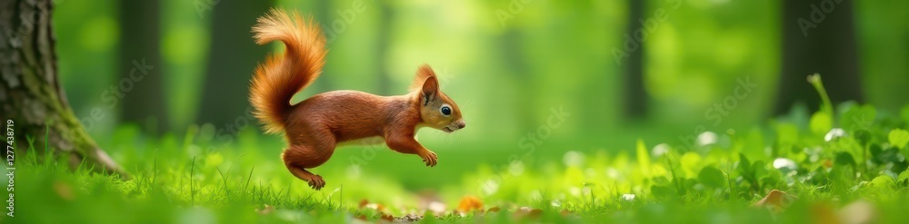 Eurasian red squirrel leaps, vibrant green forest backdrop , Noord Brabant, tree Eurasian red squirrel leaps, vibrant green forest backdrop , Noord Brabant, tree