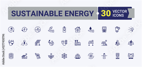 Sustainable Energy minimal icon set. Includes thin line carbon, solar, water, planet, hydropower, photovoltaic, renewable and more. Minimalistic icon. Outline and solid pictogram.