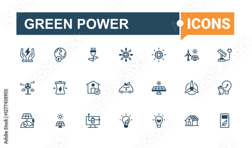 Green Power icons. Contains related to hydroelectric, renewable energy, sunlight, panel, thermal, station, ecological and more. Pixel perfect. Editable vector icon.