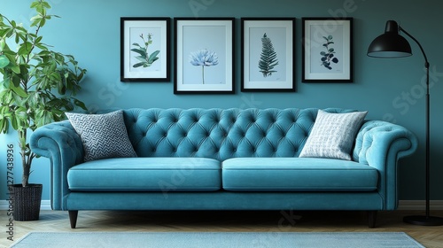 Stylish tufted turquoise sofa with decorative art in modern living room
