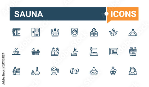 Sauna linear icon collection. Includes thin line relax, aromatherapy, sauna hat, wood, massage spa, essential oil, pool and more. Web icons. Minimalist editable vector stroke.
