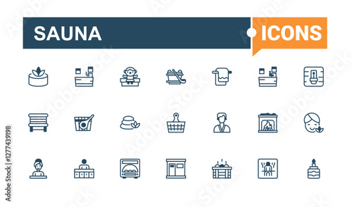 Sauna linear icon collection. Includes thin line relax, aromatherapy, sauna hat, wood, massage spa, essential oil, pool and more. Web icons. Minimalist editable vector stroke.