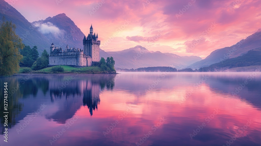 Fototapeta premium Breathtaking sunset over a castle by the serene lake, surrounded by majestic mountains.