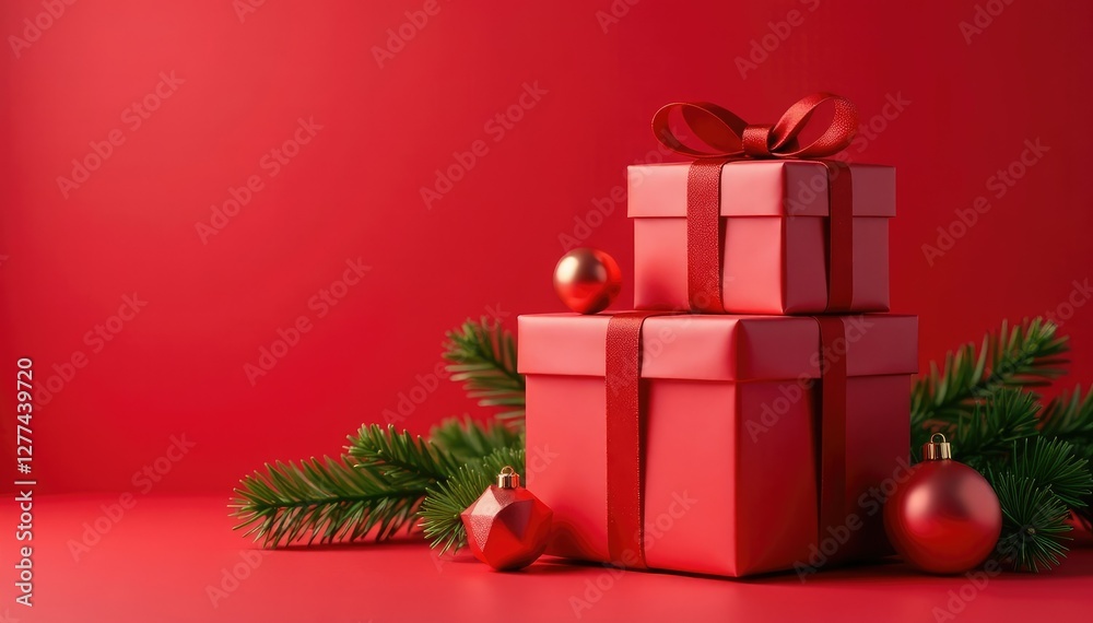 A stack of gift boxes with pine branches and ornaments on a red background, Festive Decor, Christmas Decorations A stack of gift boxes with pine branches and ornaments on a red background, Festive Decor, Christmas Decorations
