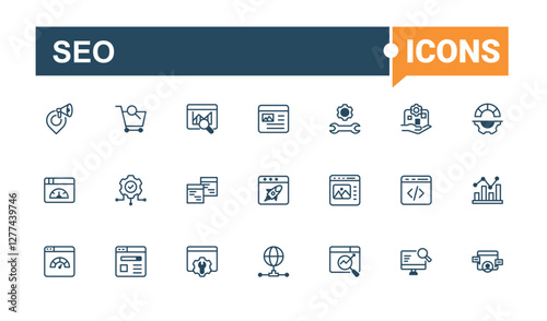 SEO set of modern icons. Featuring strategy, internet, commerce, search, digital, management, start and more. Line symbol. Editable stroke icon collections.