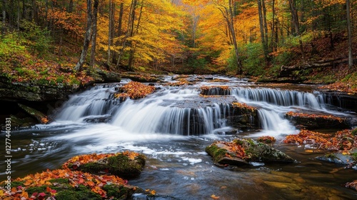 Autumn Waterfall Serenity: Cascading Waters in a Golden Forest