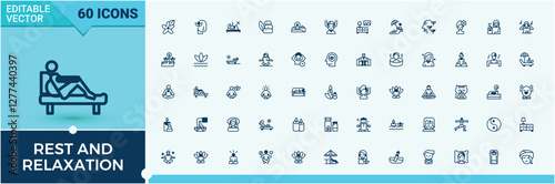 Rest and Relaxation icon collection. Icons health, life, hot, bed, healthy, bath, relaxation and more. Isolated icon. Editable vector outline and solid icons.