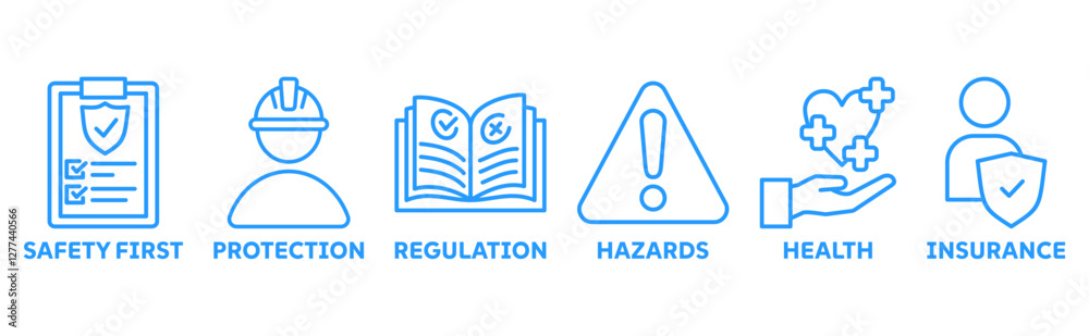 Work safety icon set illustration with icons safety first, protection, regulations, hazards, health, and insurance icon Work safety icon set illustration with icons safety first, protection, regulations, hazards, health, and insurance icon