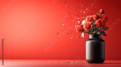 Red roses in black vase against red background with confetti.