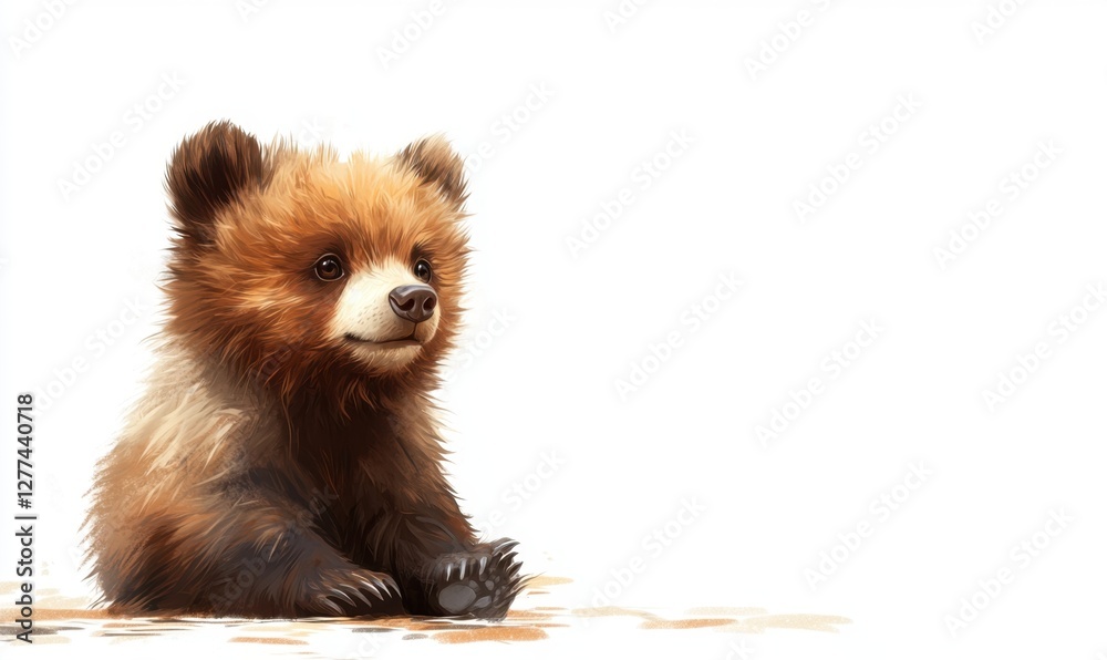 Obraz premium A cute baby bear sitting on the ground, surrounded by a serene natural landscape in the background