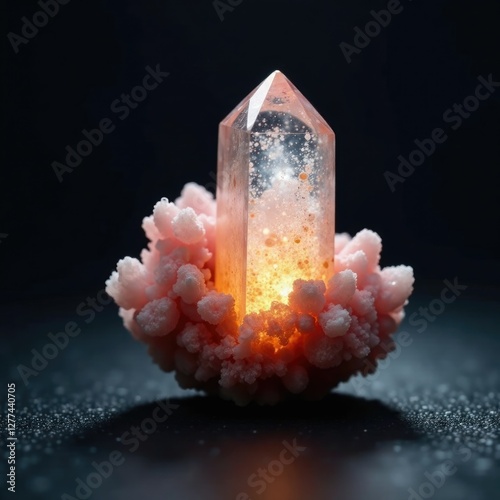 Dark background highlighting the clarity of an aragonite crystal, natural, earthy photo