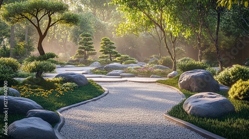 A peaceful zen garden with a stone pathway, raked gravel, and bonsai trees, calming and precise