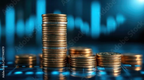 Investment and asset management yield. Stacked coins and graph.
