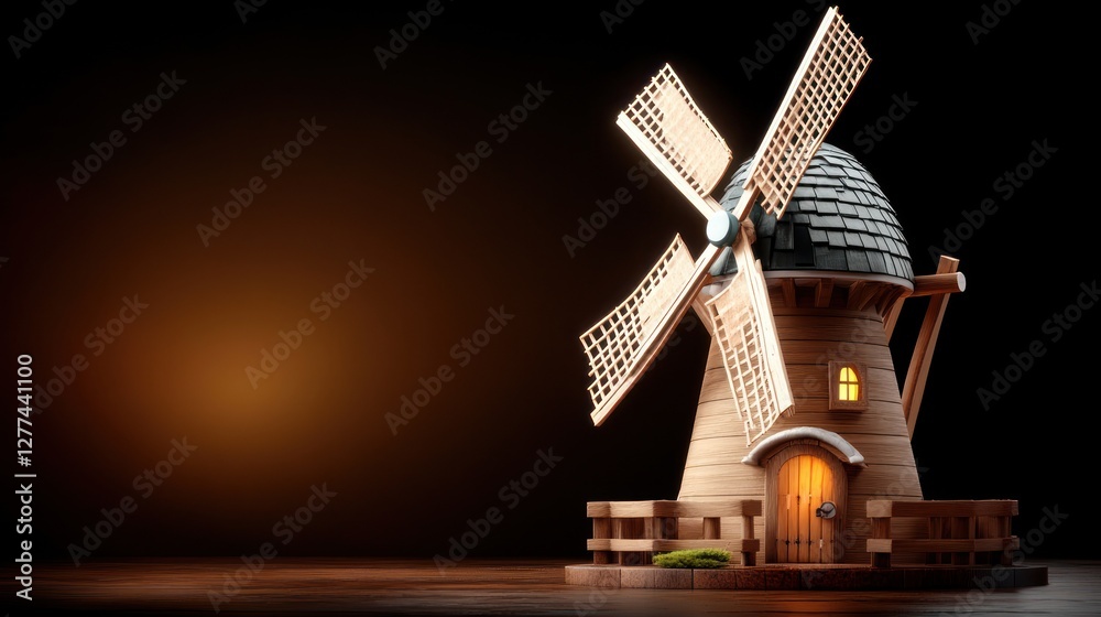 Obraz premium Wooden windmill model on dark background.