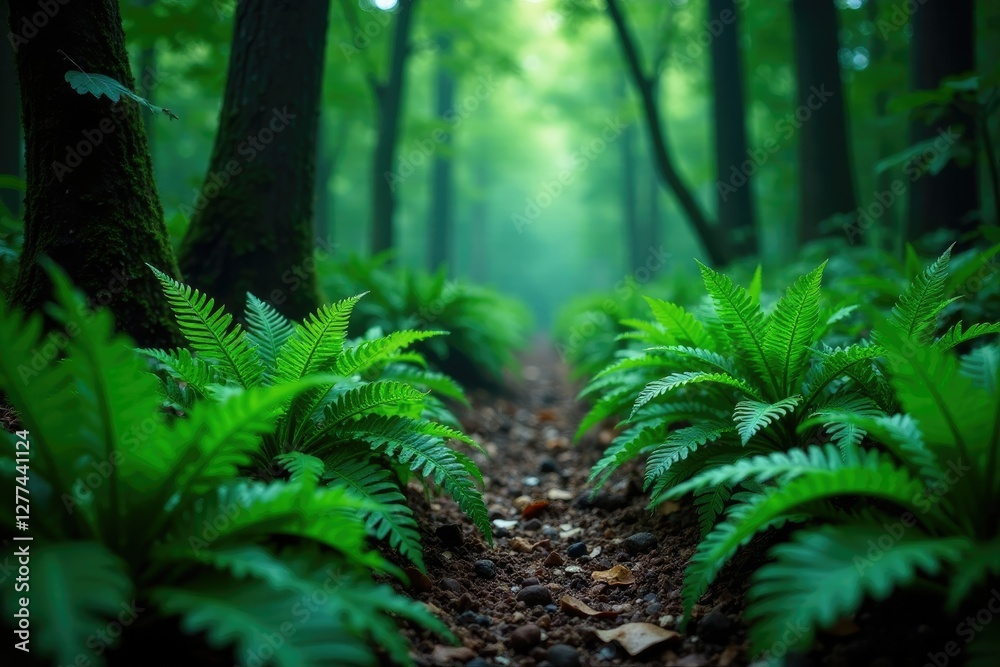 Dark forest floor with clusters of tropical ferns, forest ground, dark woods Dark forest floor with clusters of tropical ferns, forest ground, dark woods