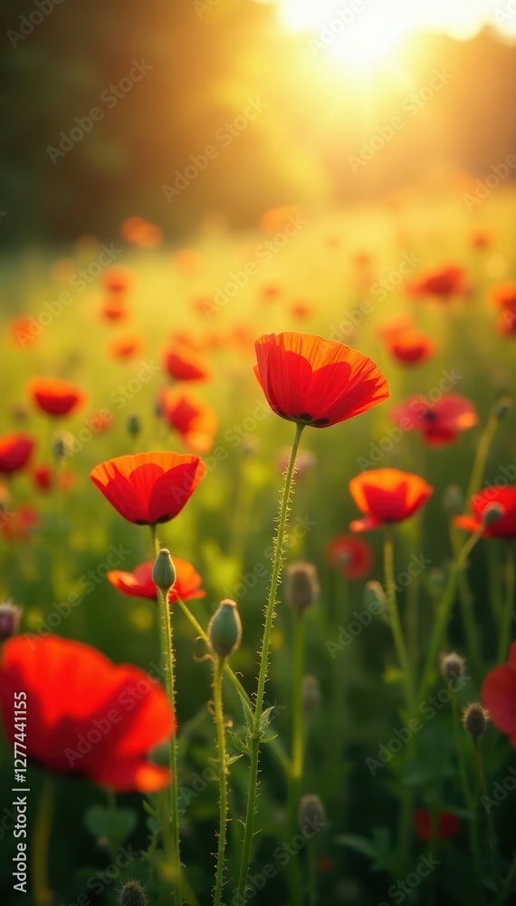 Fototapeta premium Sunlit meadow ablaze with scarlet poppies, buzzing with unseen life , scarlet, blooming