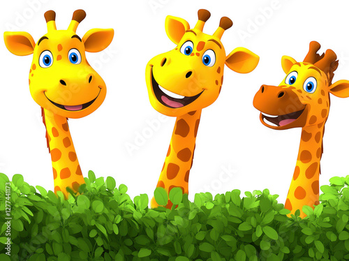 Cute cartoon giraffes with big smiles peeking over green bushes, showcasing their playful and friendly nature. Perfect for children themes and animal illustrations photo