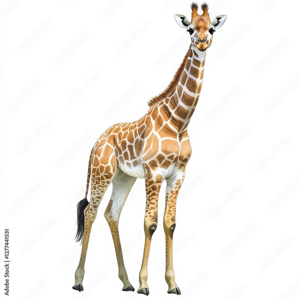 Obraz premium Cute Watercolor Rendition of a Young Giraffe Standing Upright