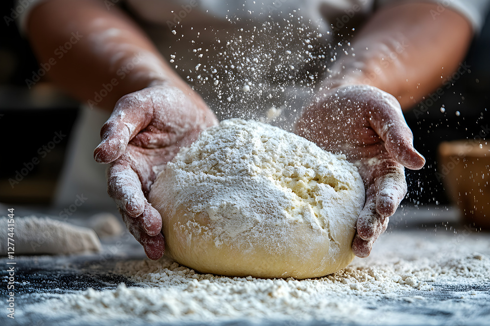 Fototapeta premium Artisan Baker Kneading Fresh Dough with Flour Flying in Rustic Kitchen. 