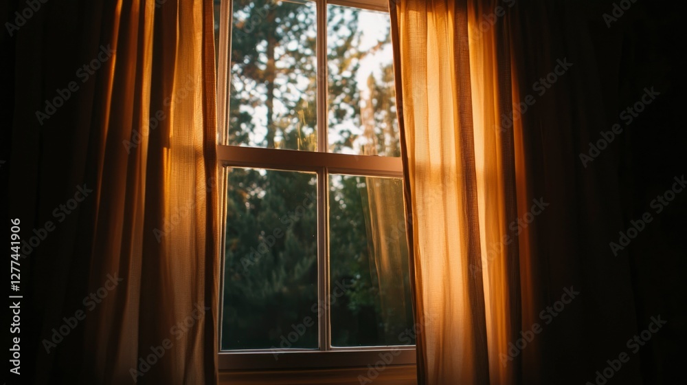 Fototapeta premium Sunlight through window, morning light, trees outside, home interior, tranquil scene, for relaxation