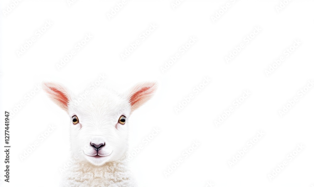 Fototapeta premium A cute white lamb gazing directly at the viewer against a plain white background, evoking innocence