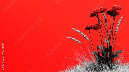 Red background with grayscale flowers and grass.