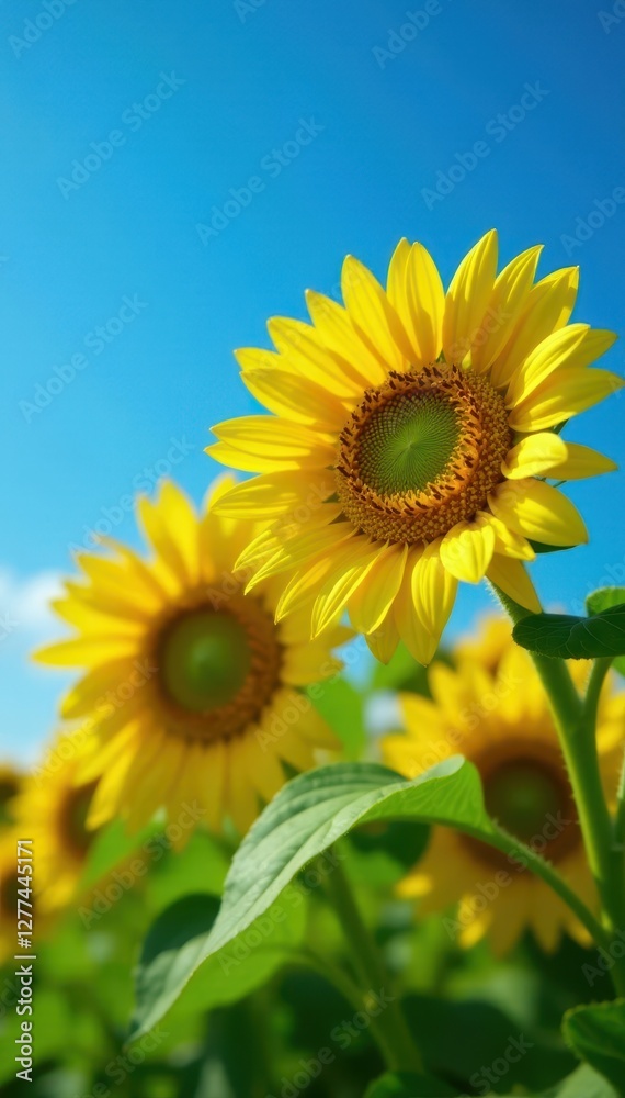 Fototapeta premium Close-up of lush sunflowers against a clear blue sky, flora, photo, aesthetic