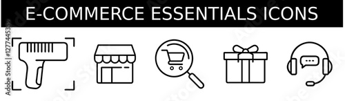 "E-COMMERCE ESSENTIALS ICONS" Barcode Scanner, Storefront, Shopping Cart in Magnifying Glass, Gift Box, Headset with Chat Bubble