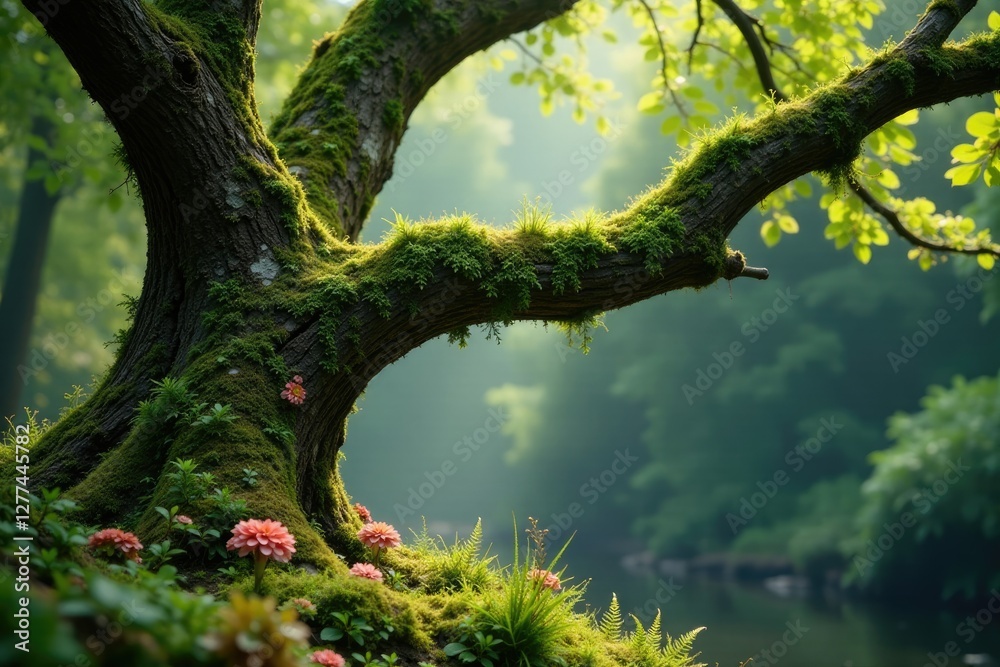 Fototapeta premium Moss-draped tree branches with lichen and ferns, moss, flowers