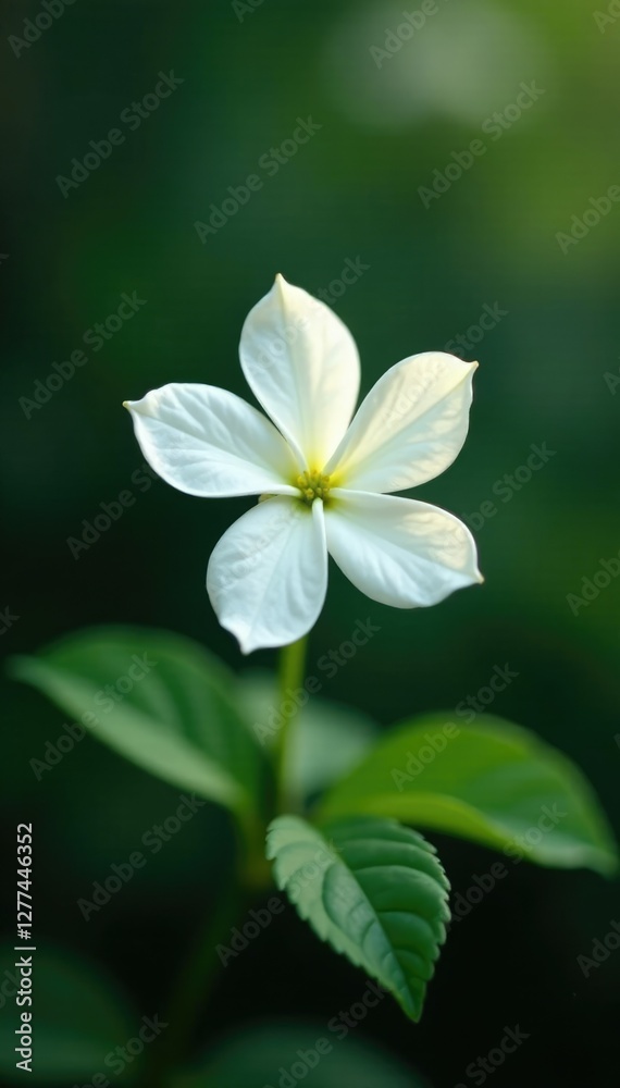 Single white jasmine-like flower with delicate petals on a stem, petals, bloom, blossom details Single white jasmine-like flower with delicate petals on a stem, petals, bloom, blossom details