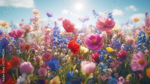 Vibrant wildflowers bloom in a sunny field.