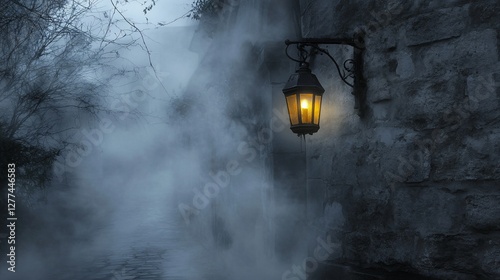 Eerie street lamp illuminates a foggy path on a dark mysterious night