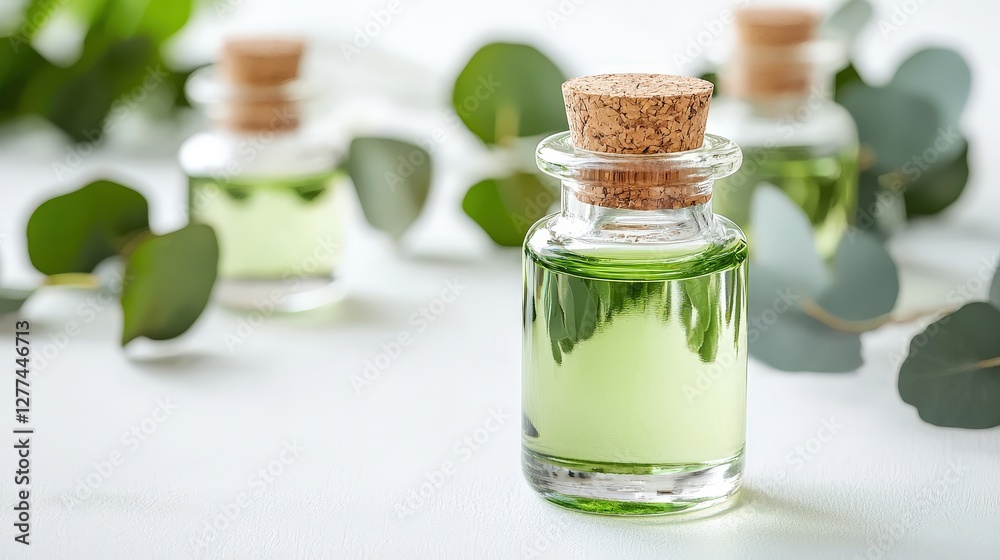 Aromatic green essential oil bottle surrounded by fresh eucalyptus leaves in a natural setting for wellness Aromatic green essential oil bottle surrounded by fresh eucalyptus leaves in a natural setting for wellness