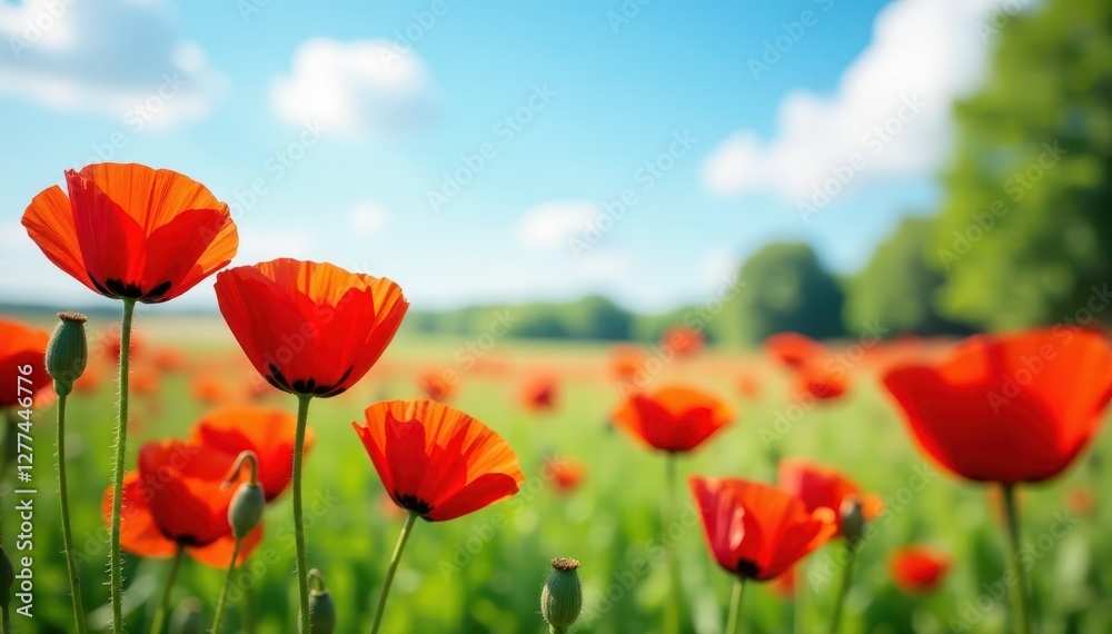 Naklejka premium Vibrant red poppies bloom in a sun-drenched summer meadow , flora, day