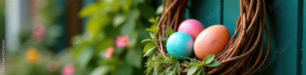 Brightly colored eggs in a woven willow wreath hanging on a front door , woven, festive Brightly colored eggs in a woven willow wreath hanging on a front door , woven, festive