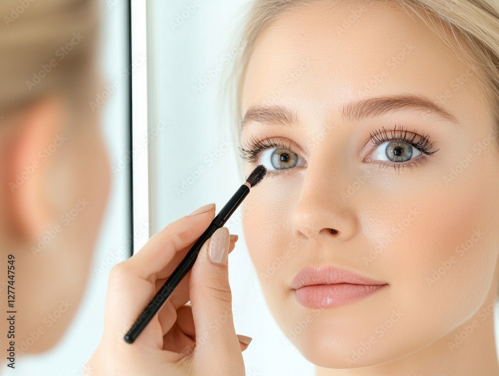 Mirror Image Makeup: A close-up shot captures a young woman applying eye shadow while gazing at her reflection in the mirror. 