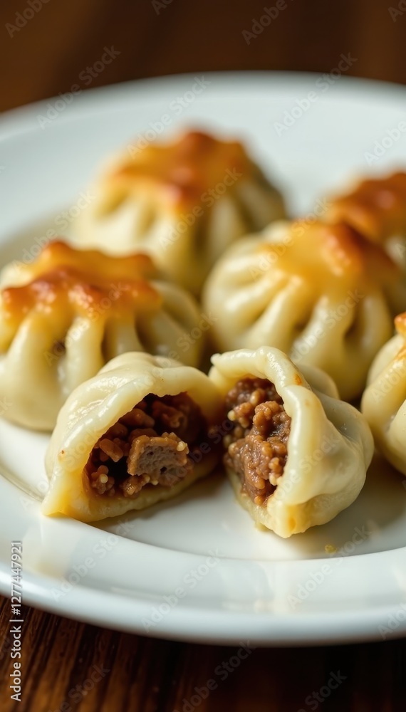 Crispy exterior, juicy meat-filled dumplings; close-up on elegant white plate , ingredients, eat Crispy exterior, juicy meat-filled dumplings; close-up on elegant white plate , ingredients, eat