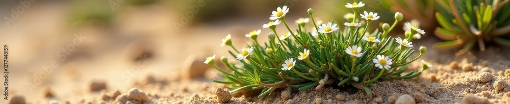 Thyme bush in sandy soil with numerous small white flowers blooming on top, thyme, small blooms, desert flora Thyme bush in sandy soil with numerous small white flowers blooming on top, thyme, small blooms, desert flora