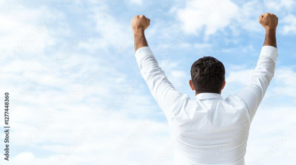 A man raises his arms triumphantly against a backdrop of blue sky and clouds, symbolizing victory and celebration. A man raises his arms triumphantly against a backdrop of blue sky and clouds, symbolizing victory and celebration.