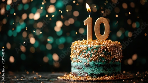 Elegant 10th Birthday Cake with Golden Candle and Glitter Against a Festive Bokeh Background