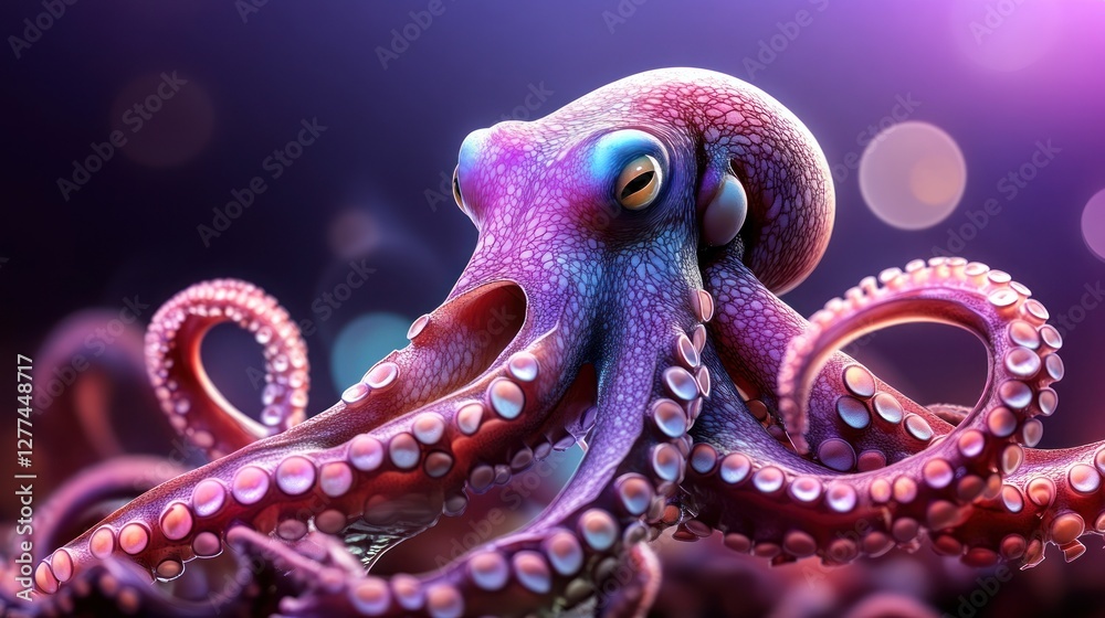 Obraz premium Vibrant purple octopus with eight arms, detailed texture, and glowing bokeh background.
