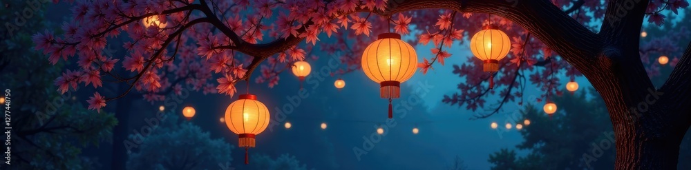 Fototapeta premium Tree with glowing lanterns hanging from branches, moonlight, lanterns