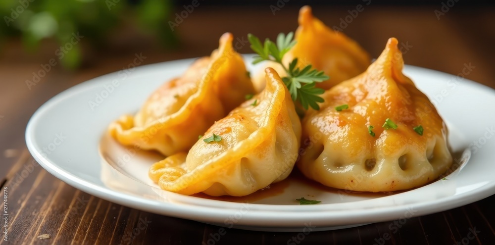 Golden-brown, crispy dumplings; savory meat filling on white plate , asian cuisine, image Golden-brown, crispy dumplings; savory meat filling on white plate , asian cuisine, image