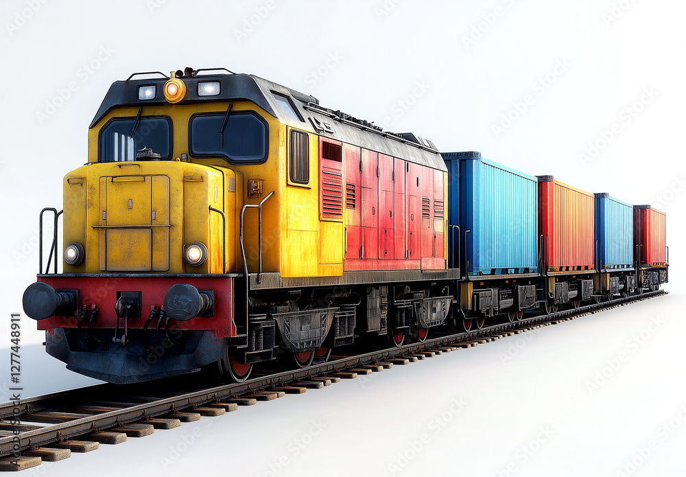 A yellow and blue train with cargo containers on the sides, isolated on a white background. 3D rendering illustration A yellow and blue train with cargo containers on the sides, isolated on a white background. 3D rendering illustration