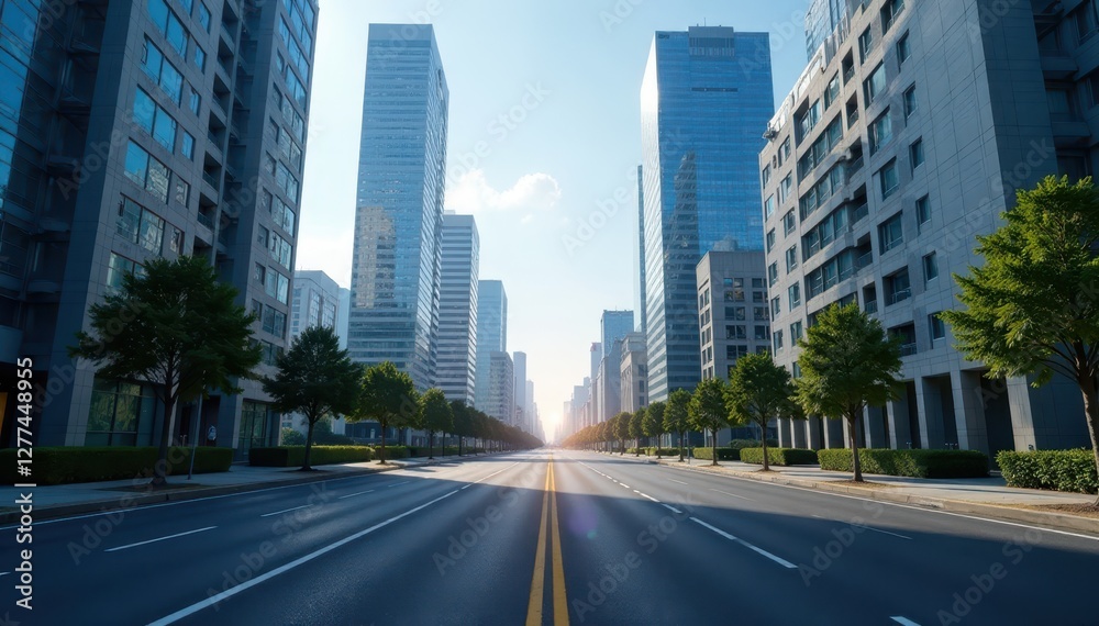 Obraz premium Gleaming skyscrapers flank empty asphalt road , modern, metropolis, downtown