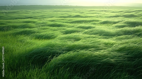 Lush green field of grass blowing gently in the wind, illuminated by soft sunlight.