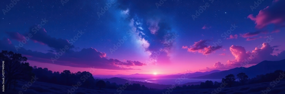 Fototapeta premium Deep twilight, vibrant blue and purple sky ablaze with countless stars , tranquil, astrophotography, twinkle